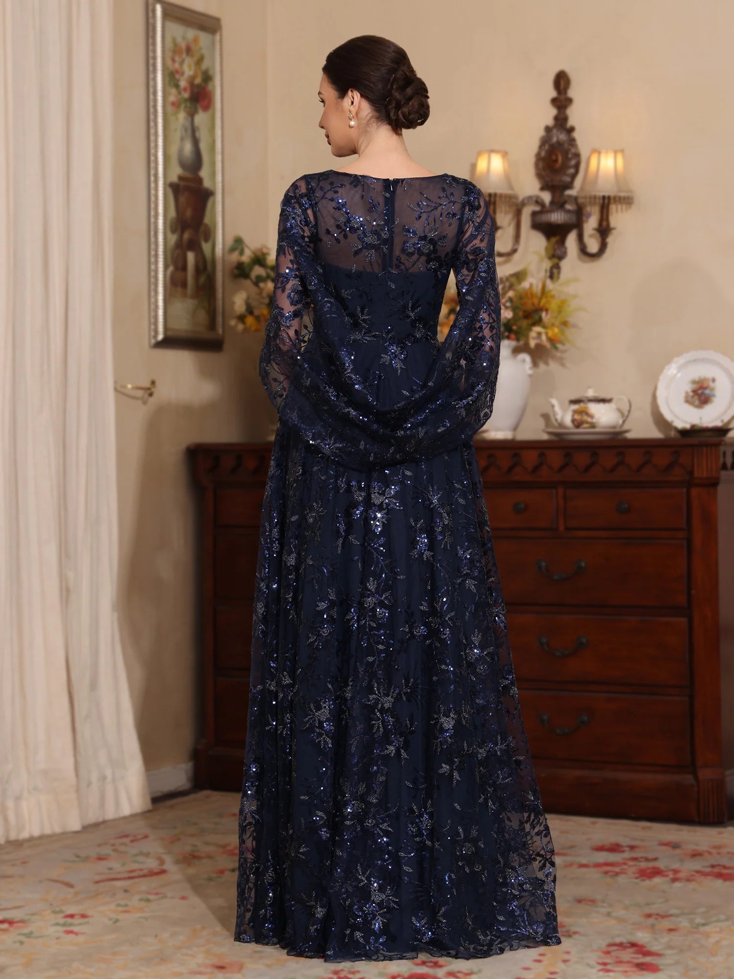 A-Line Illusion Neck Cape Sleeves Tulle Sequin Gown Formal Mother of the Bride Dress