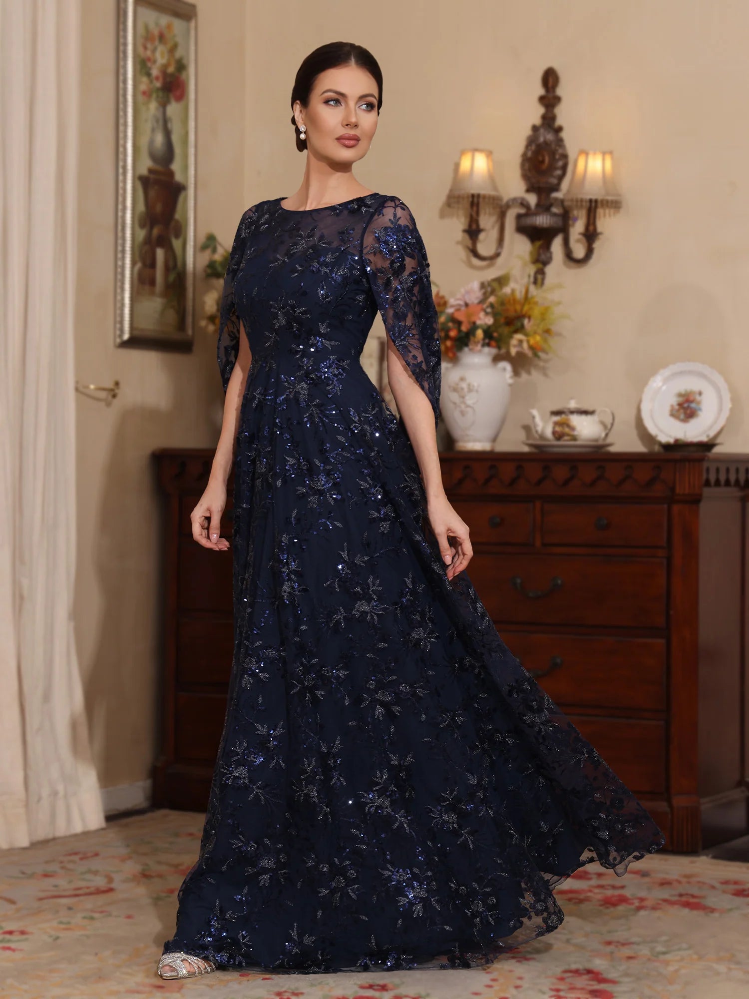 A-Line Illusion Neck Cape Sleeves Tulle Sequin Gown Formal Mother of the Bride Dress