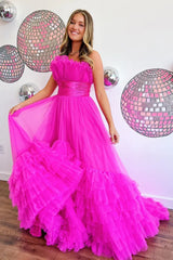 Tulle A-Line Strapless Ruffle Tiered Floor-Length Prom Gown