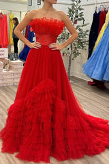 Tulle A-Line Strapless Ruffle Tiered Floor-Length Prom Gown