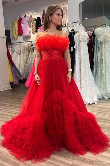 Tulle A-Line Strapless Ruffle Tiered Floor-Length Prom Gown