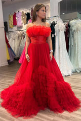 Tulle A-Line Strapless Ruffle Tiered Floor-Length Prom Gown