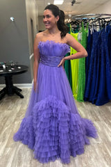 Tulle A-Line Strapless Ruffle Tiered Floor-Length Prom Gown