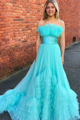 Tulle A-Line Strapless Ruffle Tiered Floor-Length Prom Gown