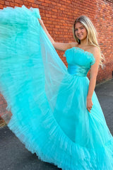 Tulle A-Line Strapless Ruffle Tiered Floor-Length Prom Gown
