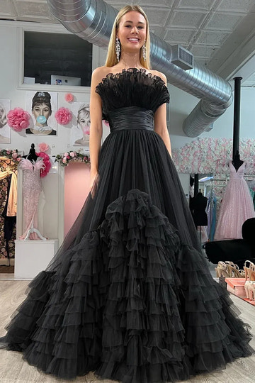 Tulle A-Line Strapless Ruffle Tiered Floor-Length Prom Gown