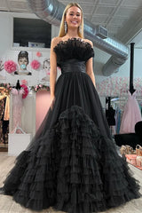 Tulle A-Line Strapless Ruffle Tiered Floor-Length Prom Gown