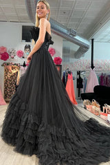 Tulle A-Line Strapless Ruffle Tiered Floor-Length Prom Gown
