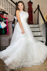 Tulle A-Line Strapless Ruffle Tiered Floor-Length Prom Gown