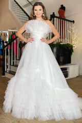 Tulle A-Line Strapless Ruffle Tiered Floor-Length Prom Gown