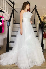 Tulle A-Line Strapless Ruffle Tiered Floor-Length Prom Gown