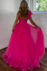 Tulle Ruffle Ball Gown V-Neck One-Shoulder Floor-Length Prom Gown