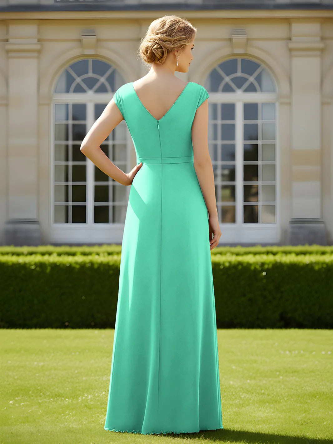 V-Neck Cap Sleeve Chiffon Evening Gown Formal Mother of the Bride Dress