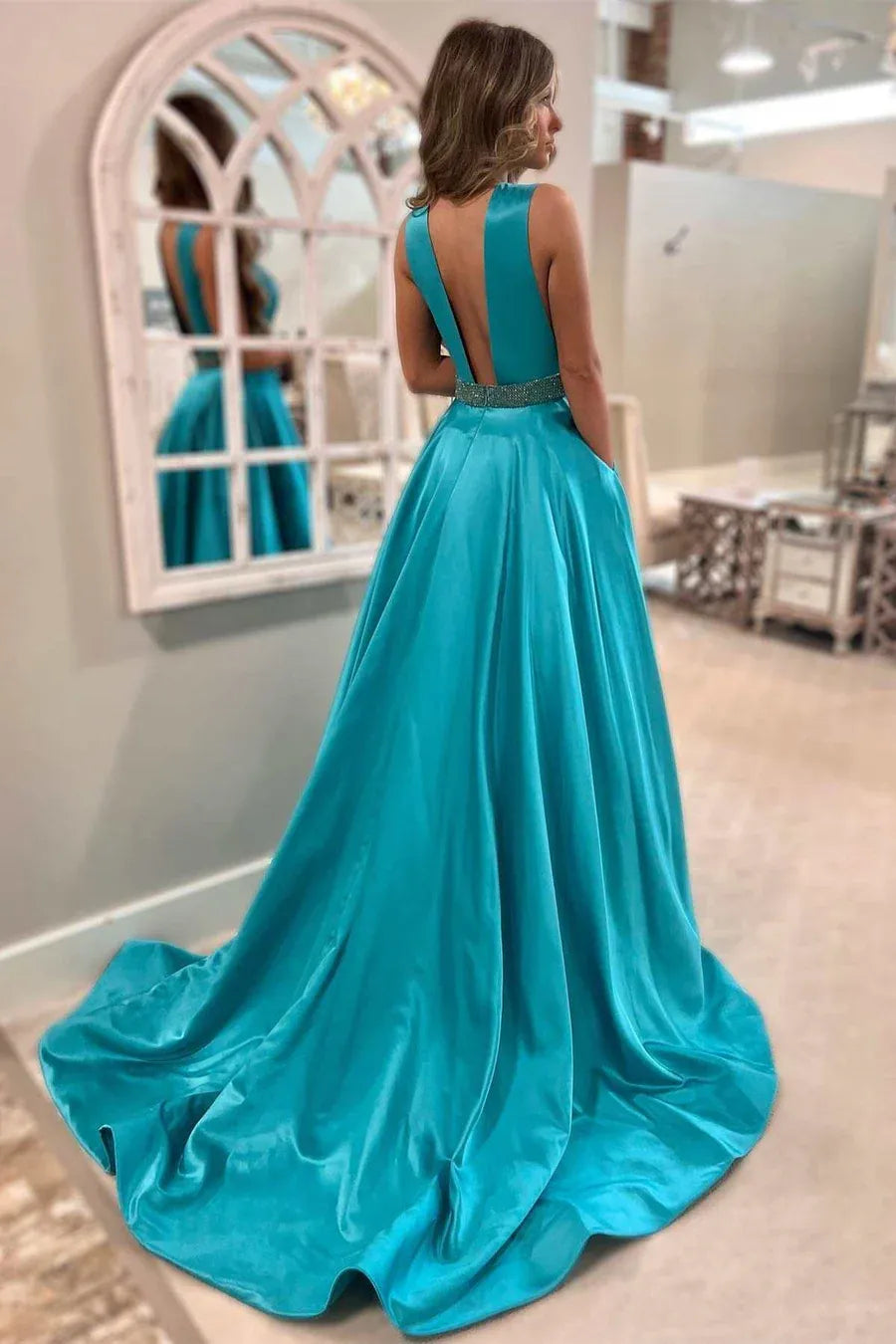 Turquoise Satin A-Line Deep V Sleeveless Backless Maxi Prom Gown