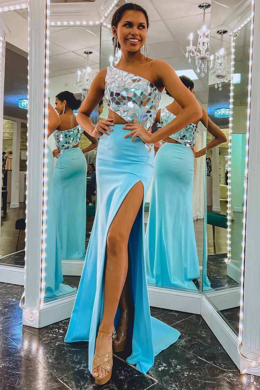 Vestido de fiesta de sirena de raso turquesa de dos piezas con un hombro