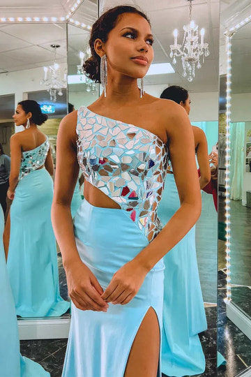 Vestido de fiesta de sirena de raso turquesa de dos piezas con un hombro