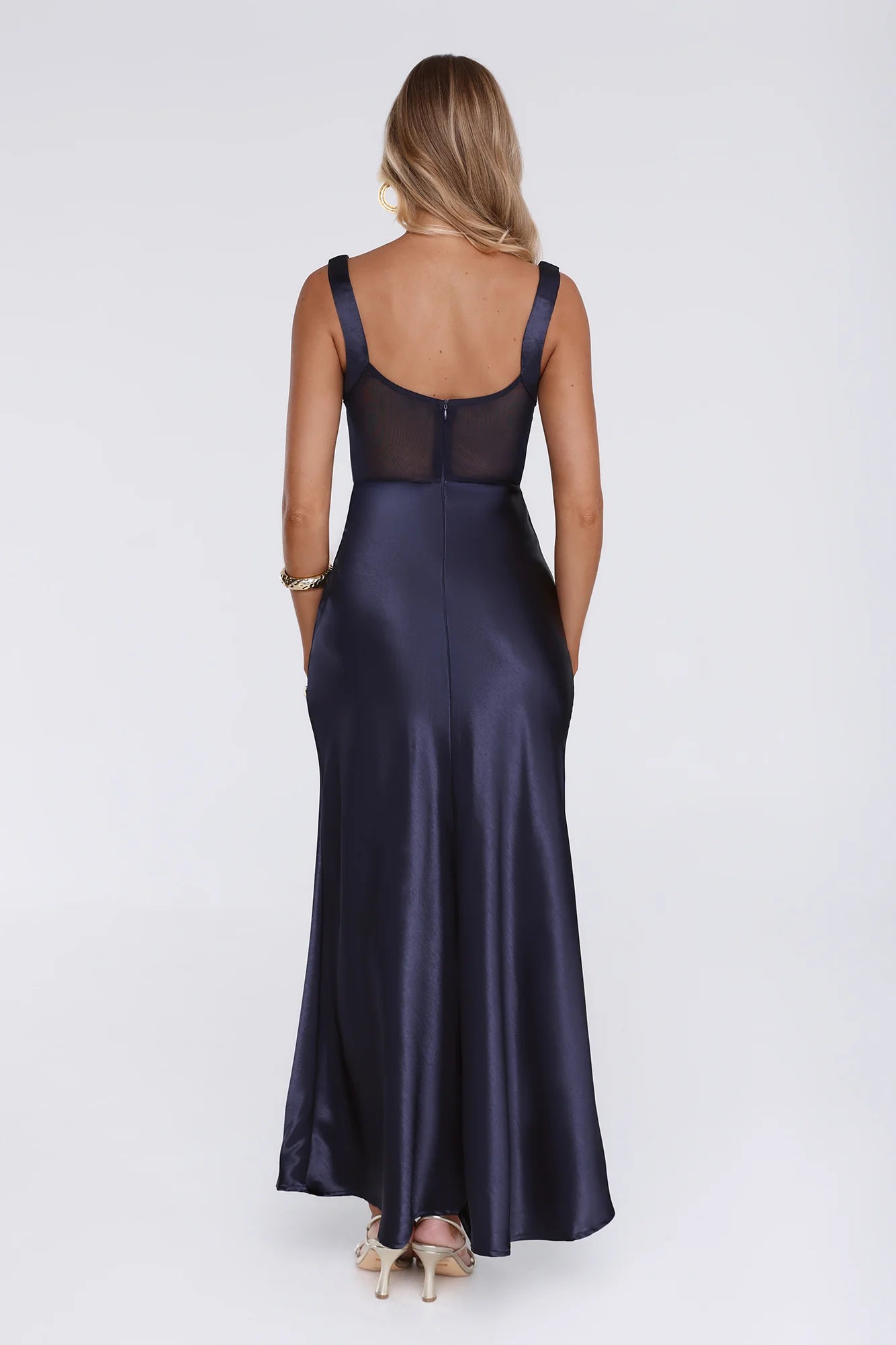 Vestido de Noche/Fiesta de Gala Maxi sin Mangas de Satén con Malla y Busto Torcido Estilo Sirena