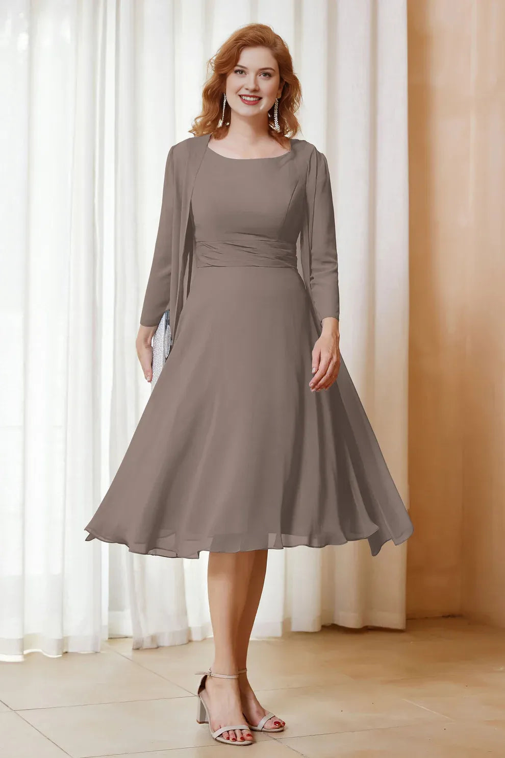 Two-Piece Chiffon A-Line Scoop Neck Midi Formal Mother of the Bride Dress with Jacket