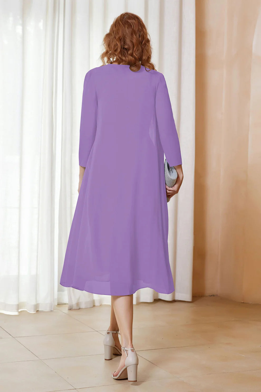 Two-Piece Chiffon A-Line Scoop Neck Midi Formal Mother of the Bride Dress with Jacket