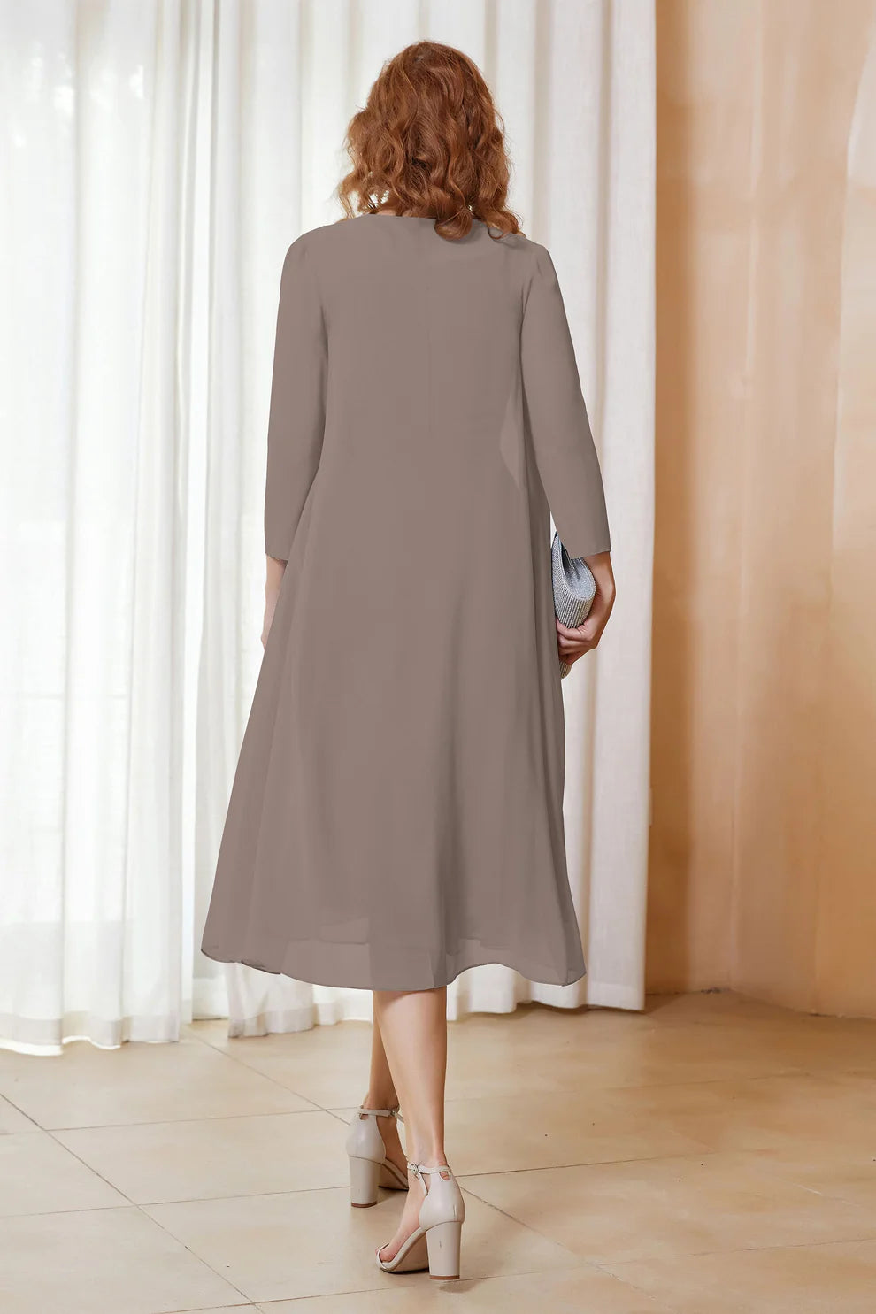 Two-Piece Chiffon A-Line Scoop Neck Midi Formal Mother of the Bride Dress with Jacket