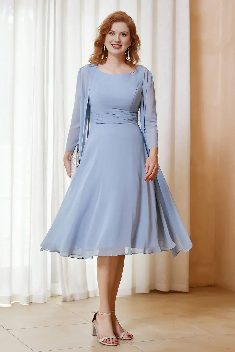 Two-Piece Chiffon A-Line Scoop Neck Midi Formal Mother of the Bride Dress with Jacket