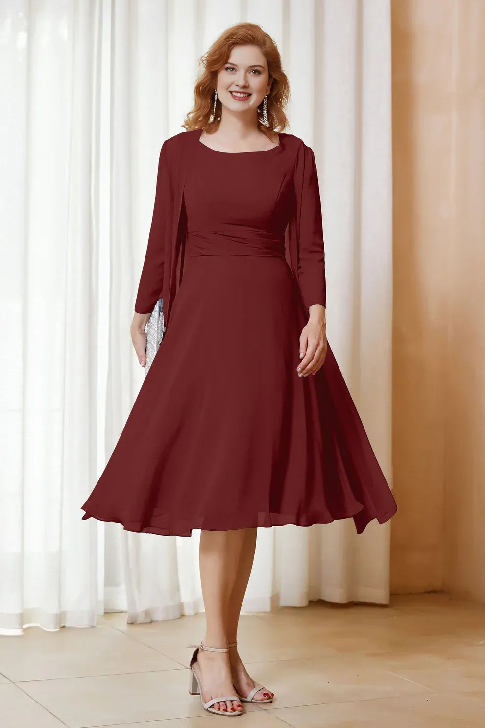Two-Piece Chiffon A-Line Scoop Neck Midi Formal Mother of the Bride Dress with Jacket