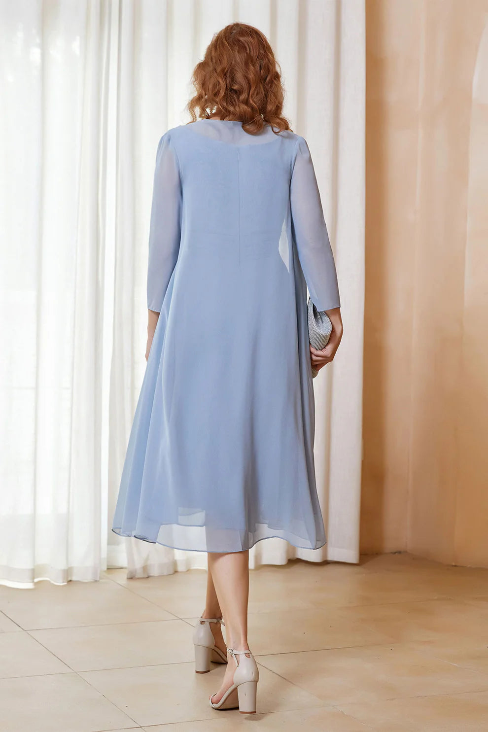 Two-Piece Chiffon A-Line Scoop Neck Midi Formal Mother of the Bride Dress with Jacket