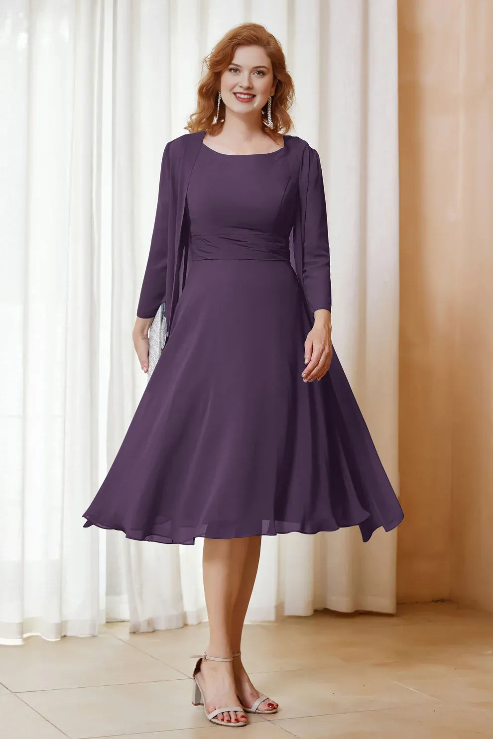 Two-Piece Chiffon A-Line Scoop Neck Midi Formal Mother of the Bride Dress with Jacket