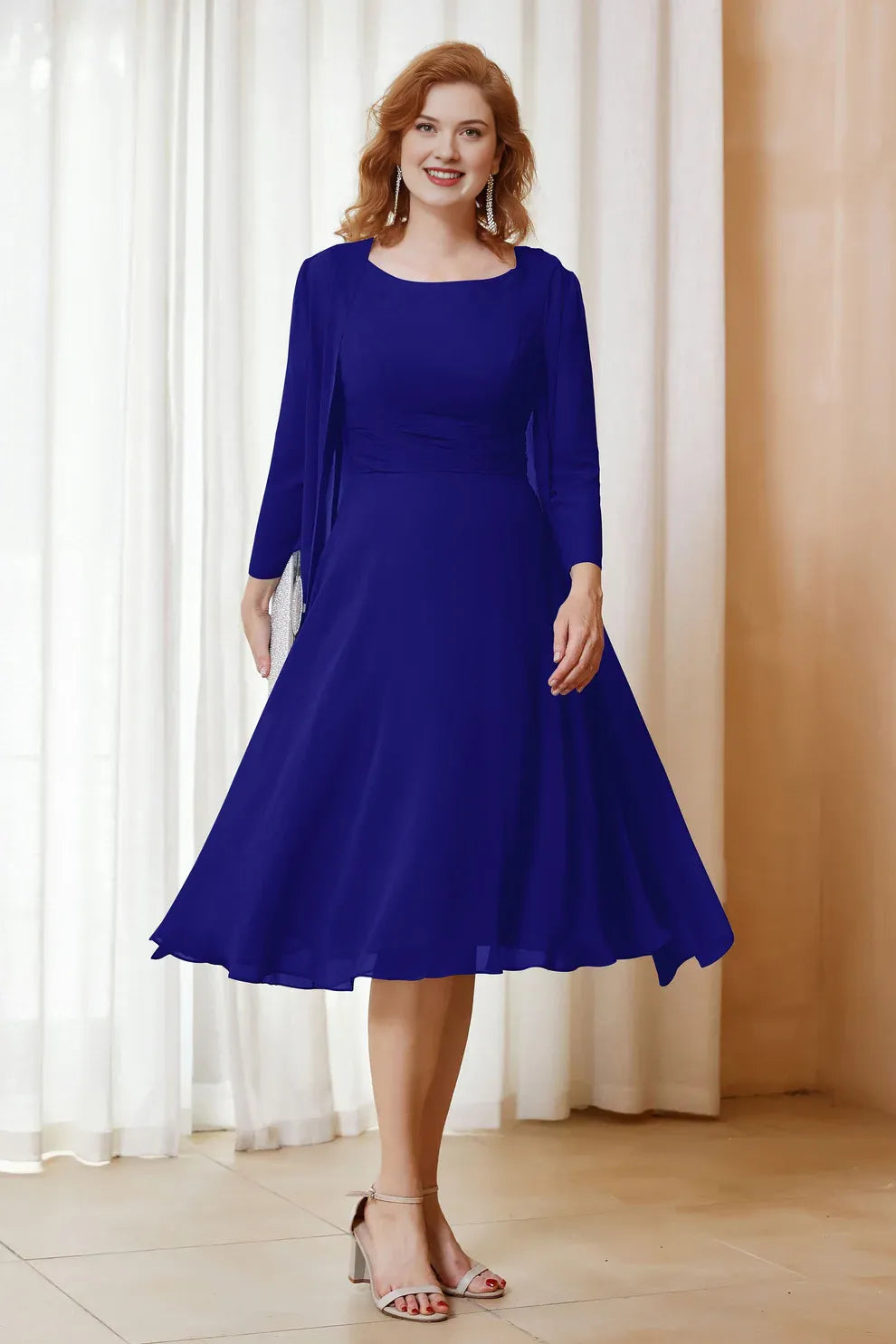 Two-Piece Chiffon A-Line Scoop Neck Midi Formal Mother of the Bride Dress with Jacket