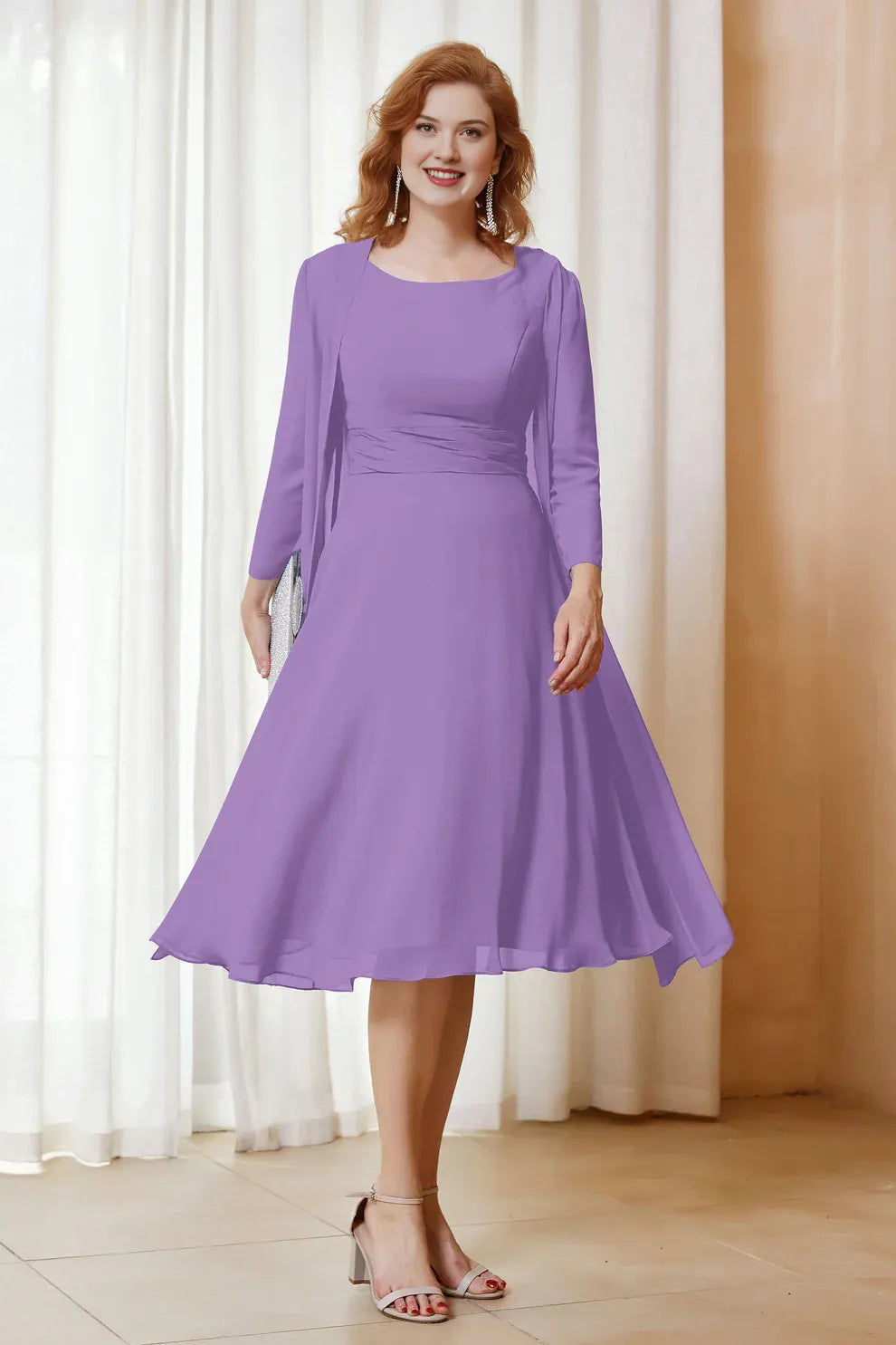 Two-Piece Chiffon A-Line Scoop Neck Midi Formal Mother of the Bride Dress with Jacket