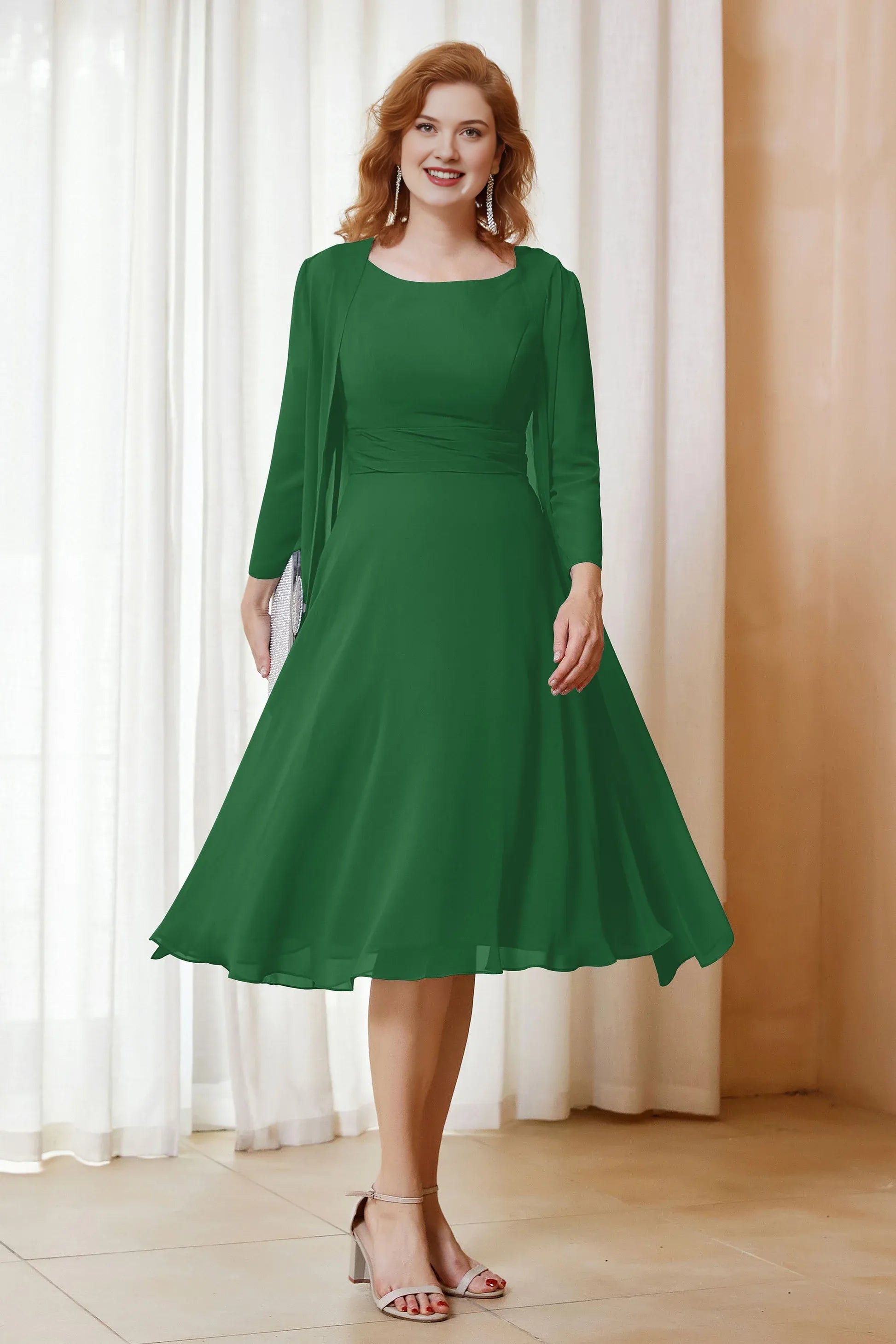 Two-Piece Chiffon A-Line Scoop Neck Midi Formal Mother of the Bride Dress with Jacket