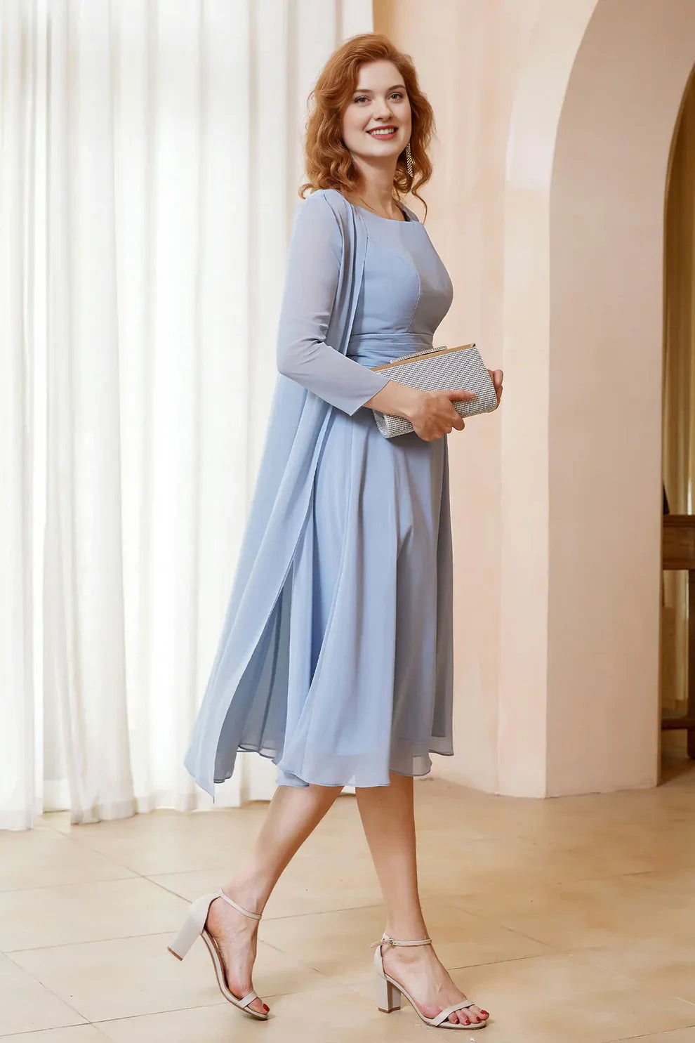 Two-Piece Chiffon A-Line Scoop Neck Midi Formal Mother of the Bride Dress with Jacket