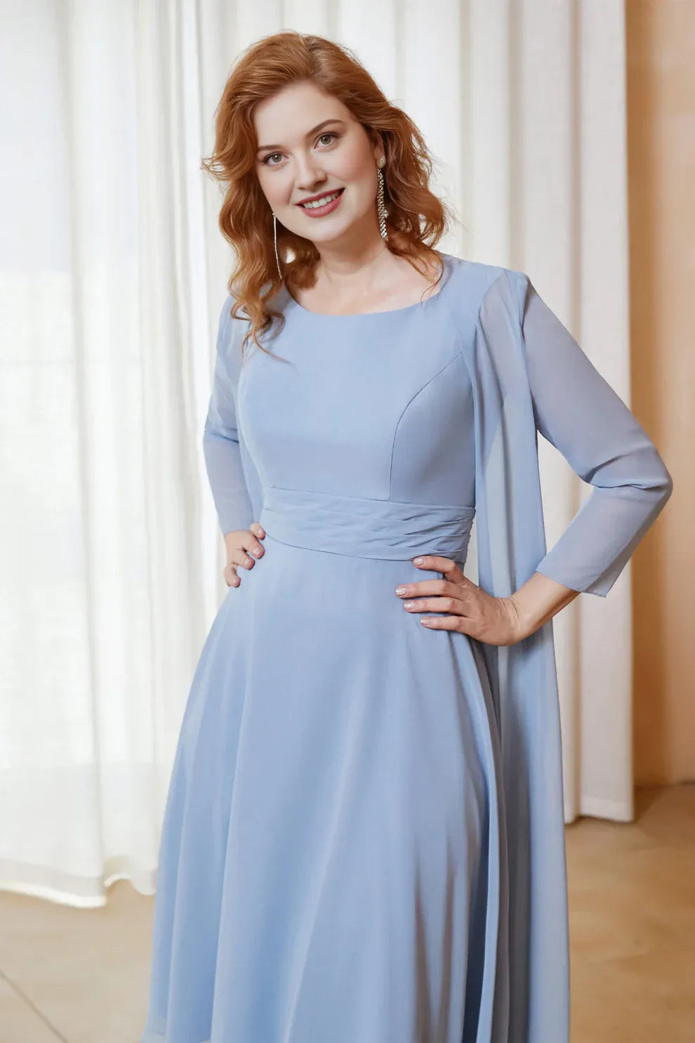 Two-Piece Chiffon A-Line Scoop Neck Midi Formal Mother of the Bride Dress with Jacket