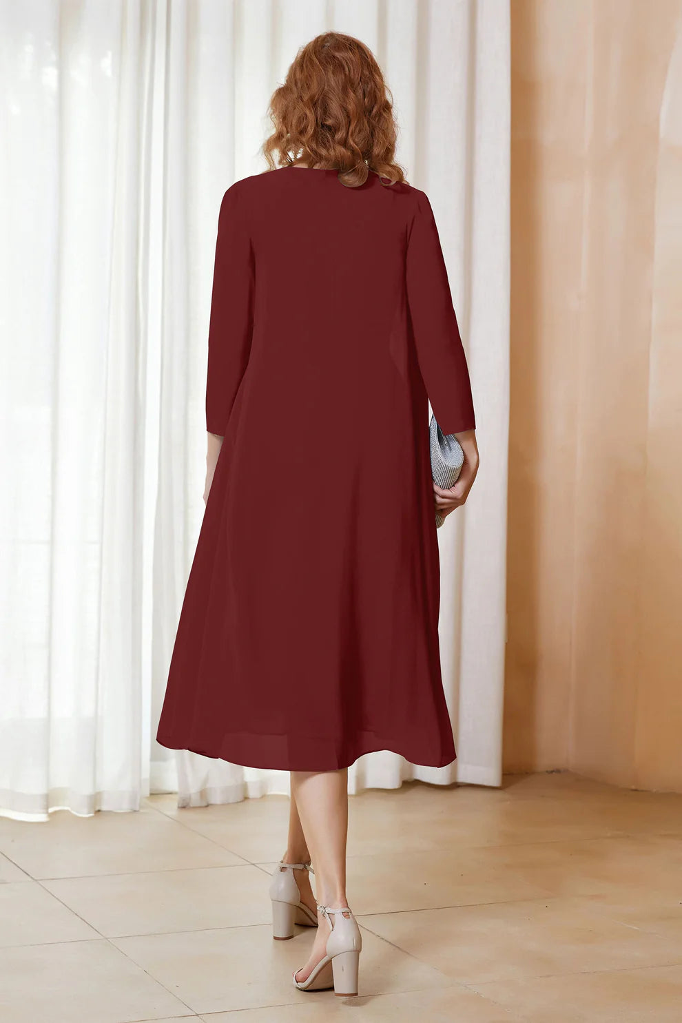 Two-Piece Chiffon A-Line Scoop Neck Midi Formal Mother of the Bride Dress with Jacket