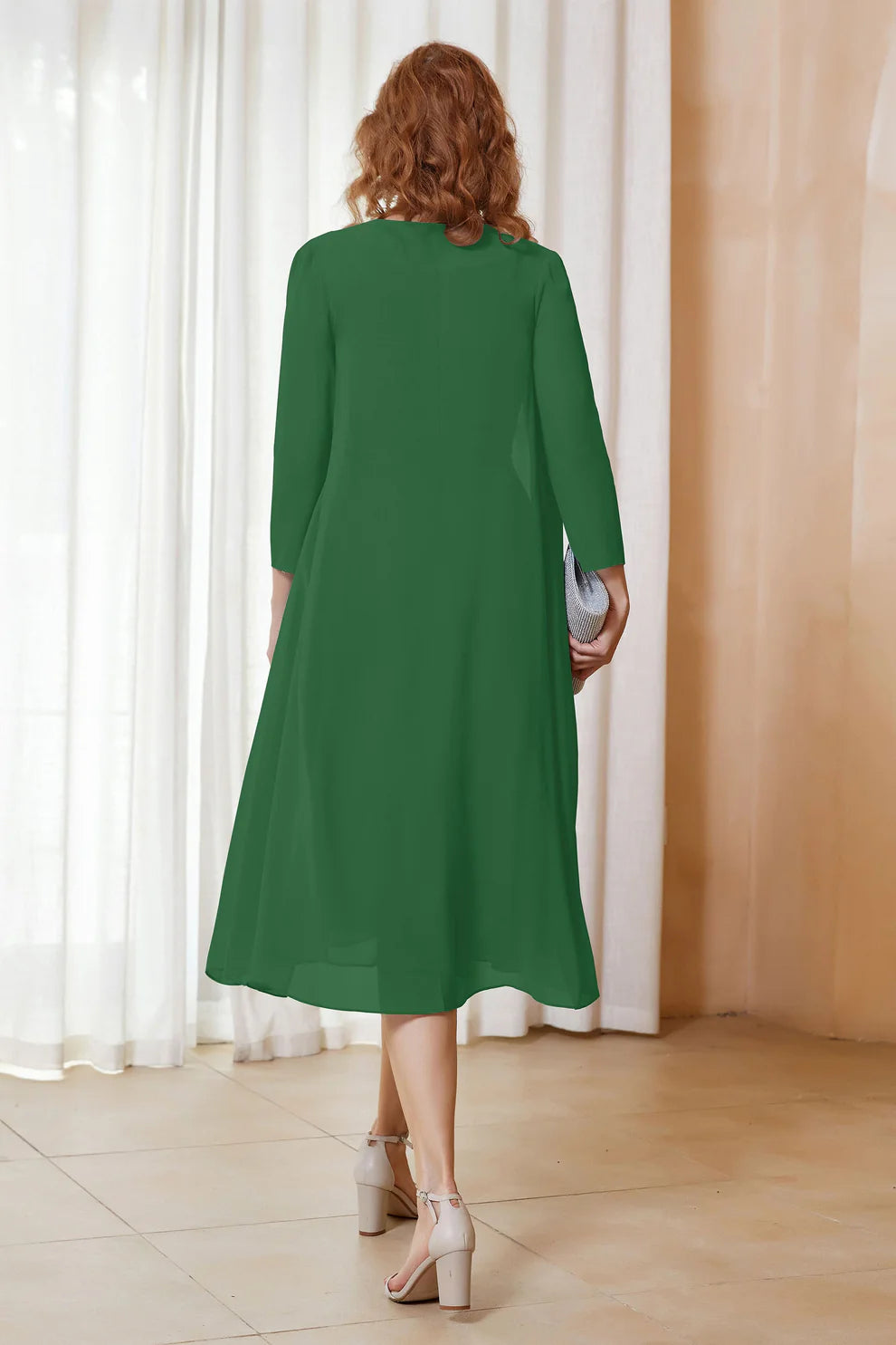 Two-Piece Chiffon A-Line Scoop Neck Midi Formal Mother of the Bride Dress with Jacket