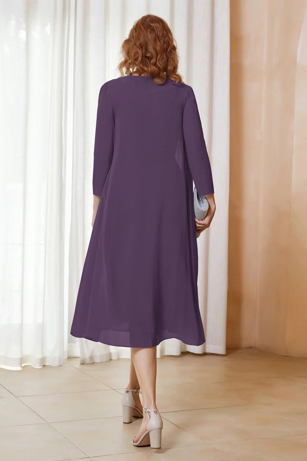Two-Piece Chiffon A-Line Scoop Neck Midi Formal Mother of the Bride Dress with Jacket
