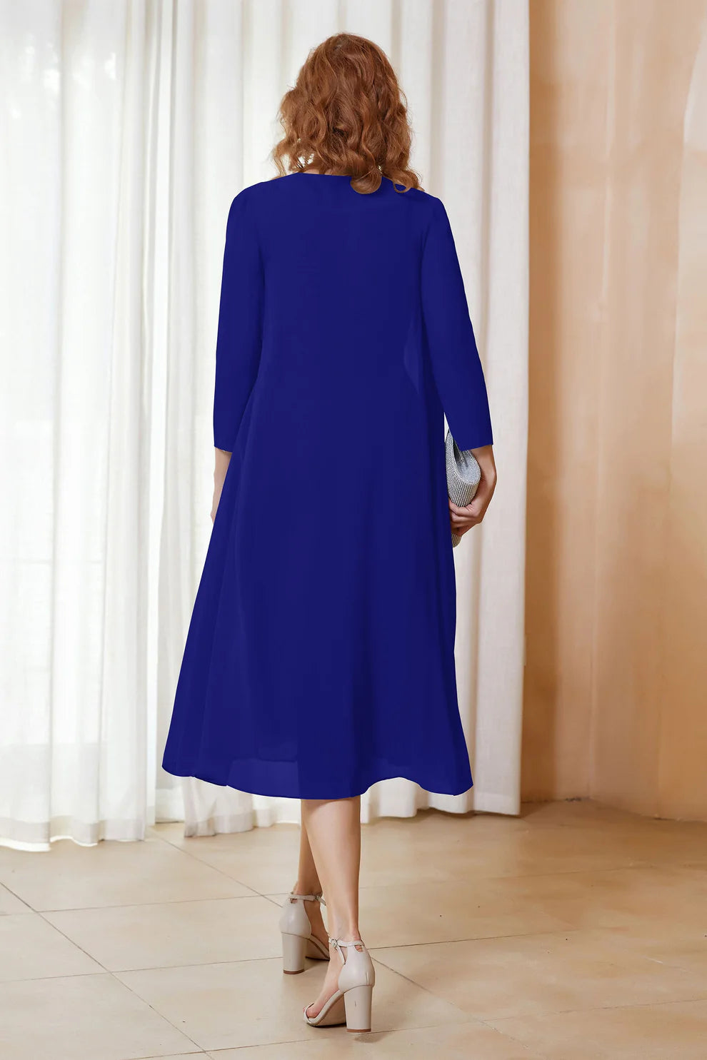 Two-Piece Chiffon A-Line Scoop Neck Midi Formal Mother of the Bride Dress with Jacket