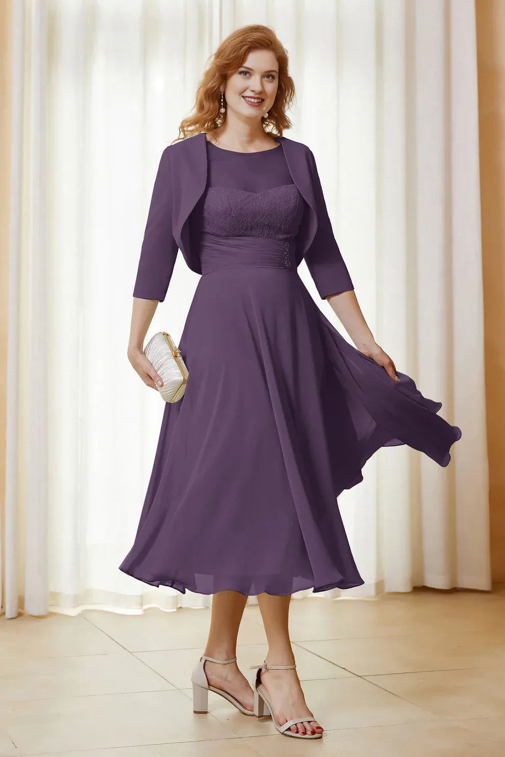 Two-Piece Lace Chiffon A-Line Mother of the Bride Dress Midi Dress with Jacket