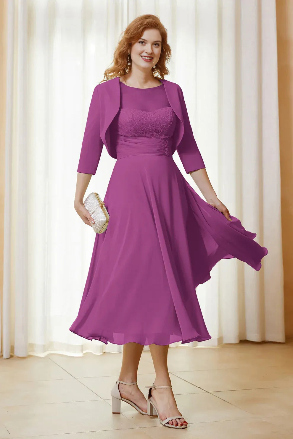 Two-Piece Lace Chiffon A-Line Mother of the Bride Dress Midi Dress with Jacket