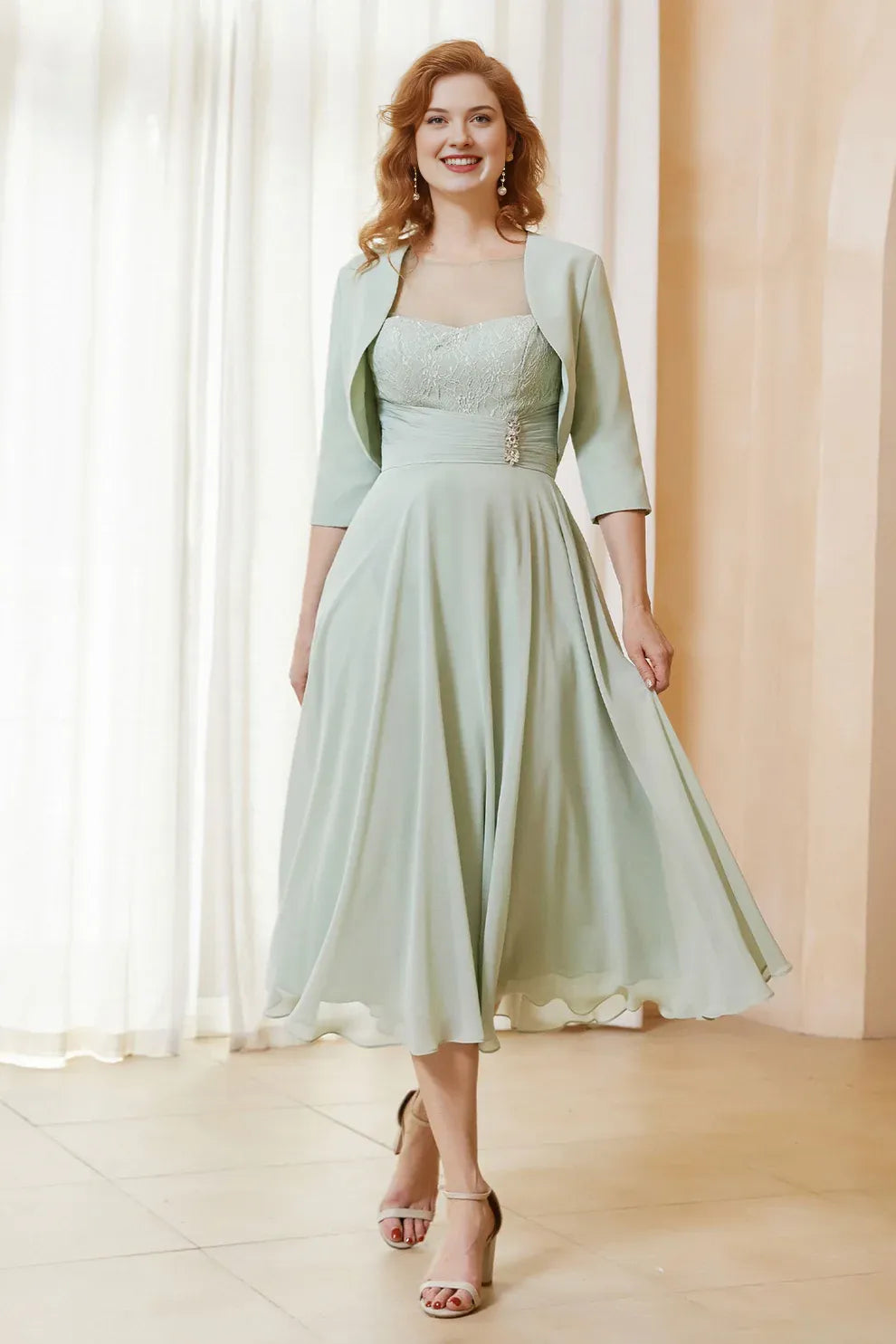 Two-Piece Lace Chiffon A-Line Mother of the Bride Dress Midi Dress with Jacket