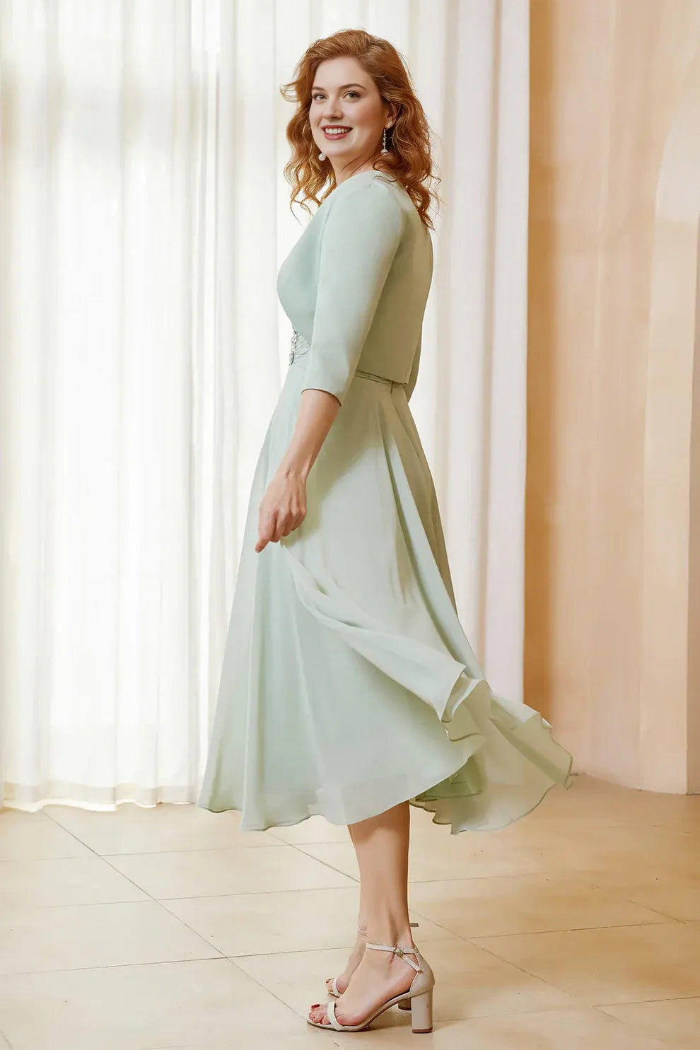 Two-Piece Lace Chiffon A-Line Mother of the Bride Dress Midi Dress with Jacket