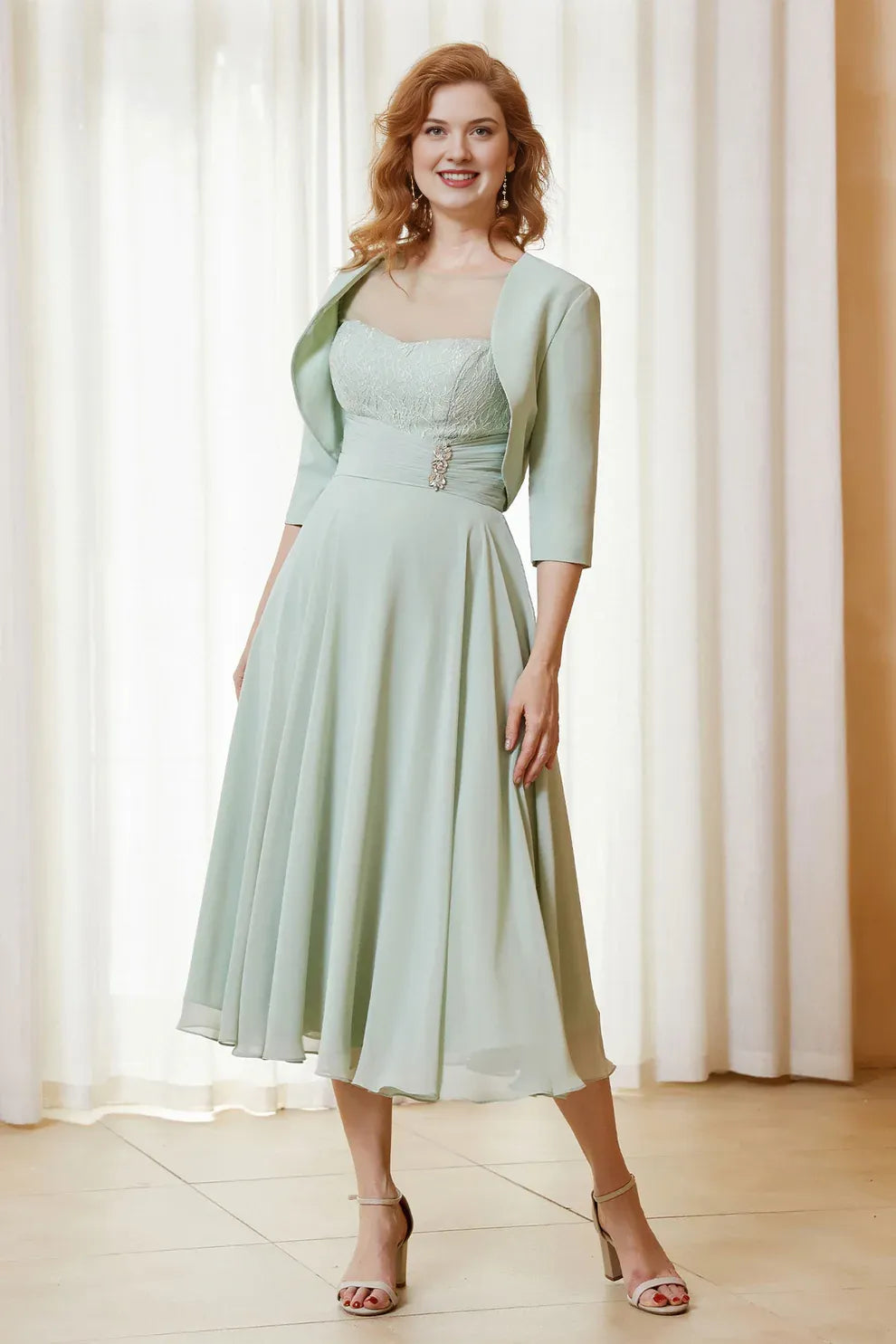 Two-Piece Lace Chiffon A-Line Mother of the Bride Dress Midi Dress with Jacket