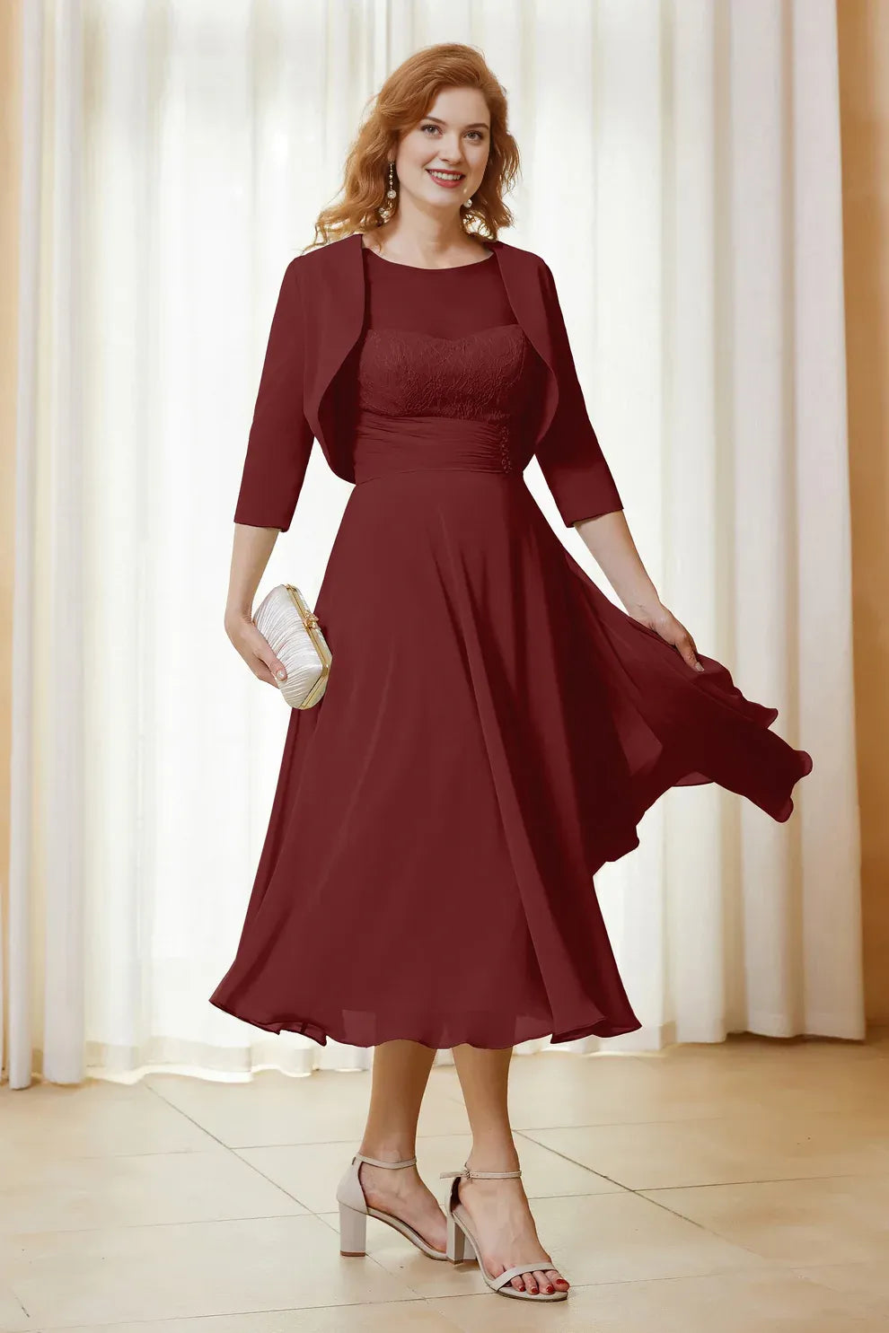 Two-Piece Lace Chiffon A-Line Mother of the Bride Dress Midi Dress with Jacket