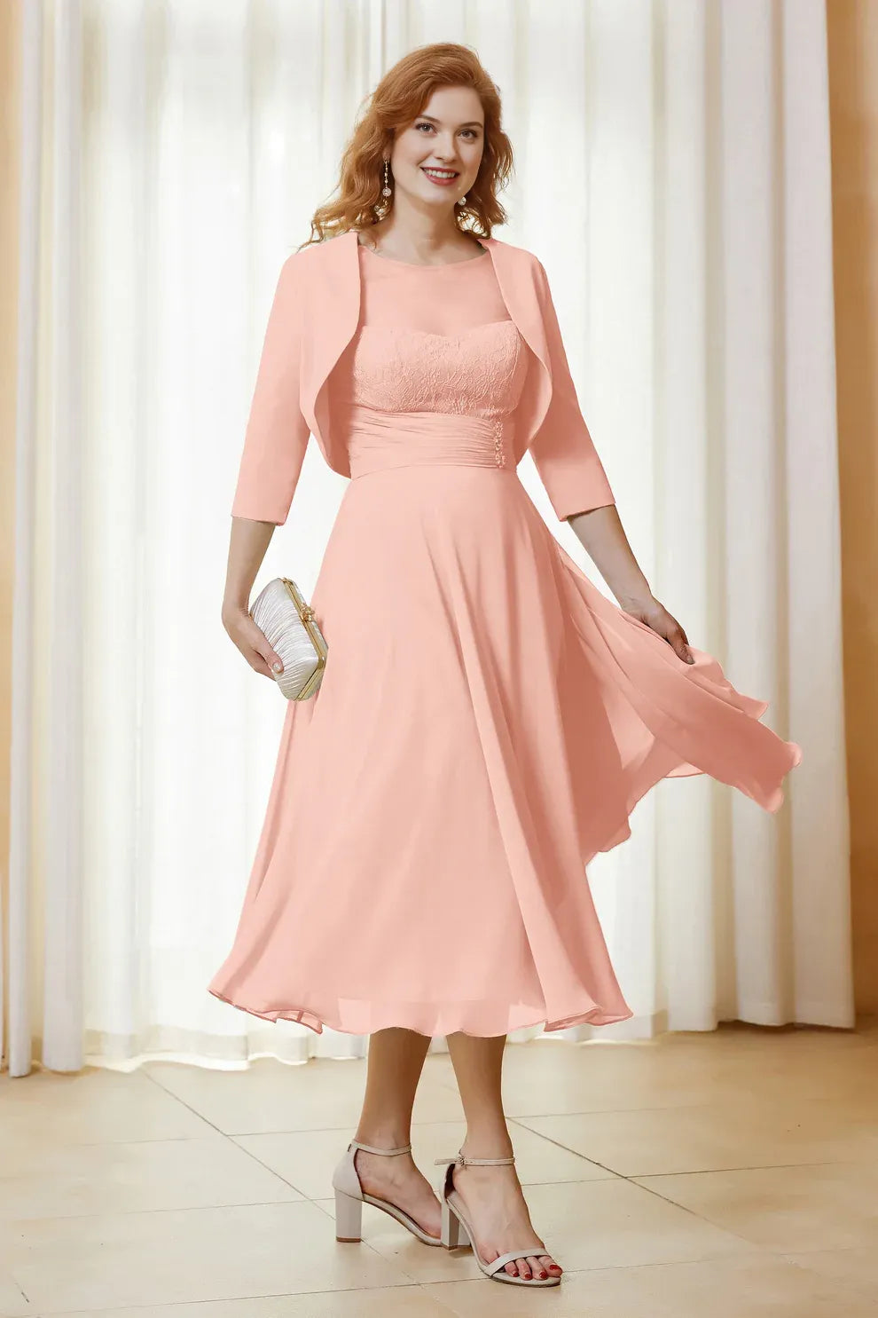 Two-Piece Lace Chiffon A-Line Mother of the Bride Dress Midi Dress with Jacket