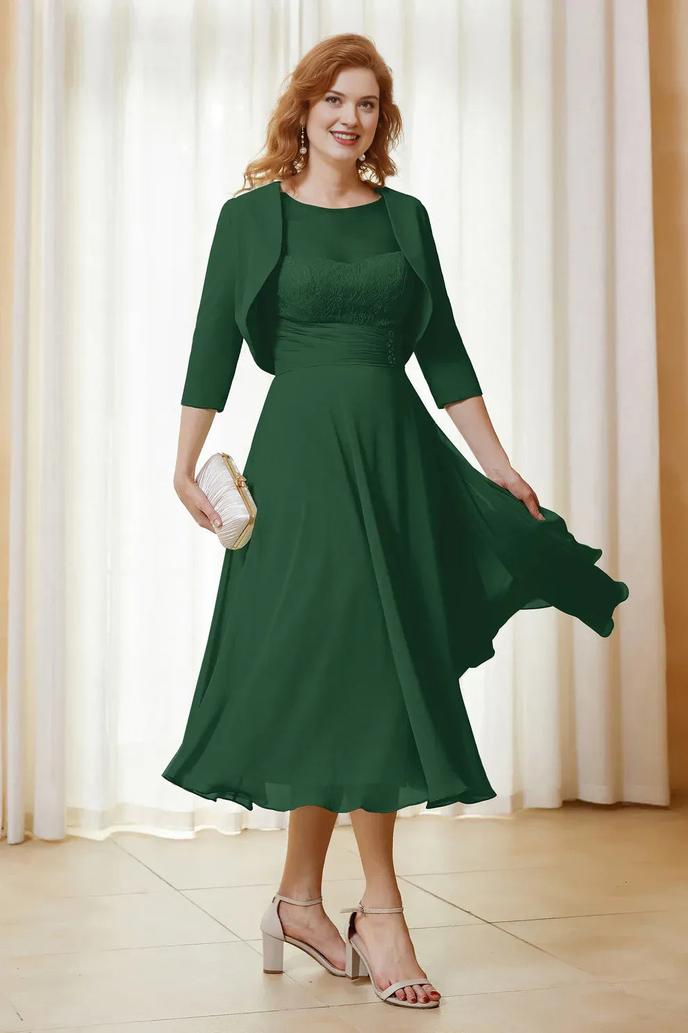 Two-Piece Lace Chiffon A-Line Mother of the Bride Dress Midi Dress with Jacket