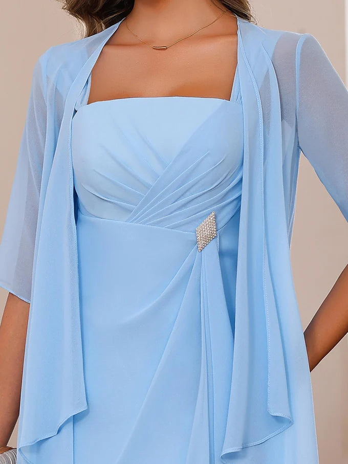 Two Piece Square Neck Chiffon Knee-Length Ruffle Formal Mother of the Bride Dress