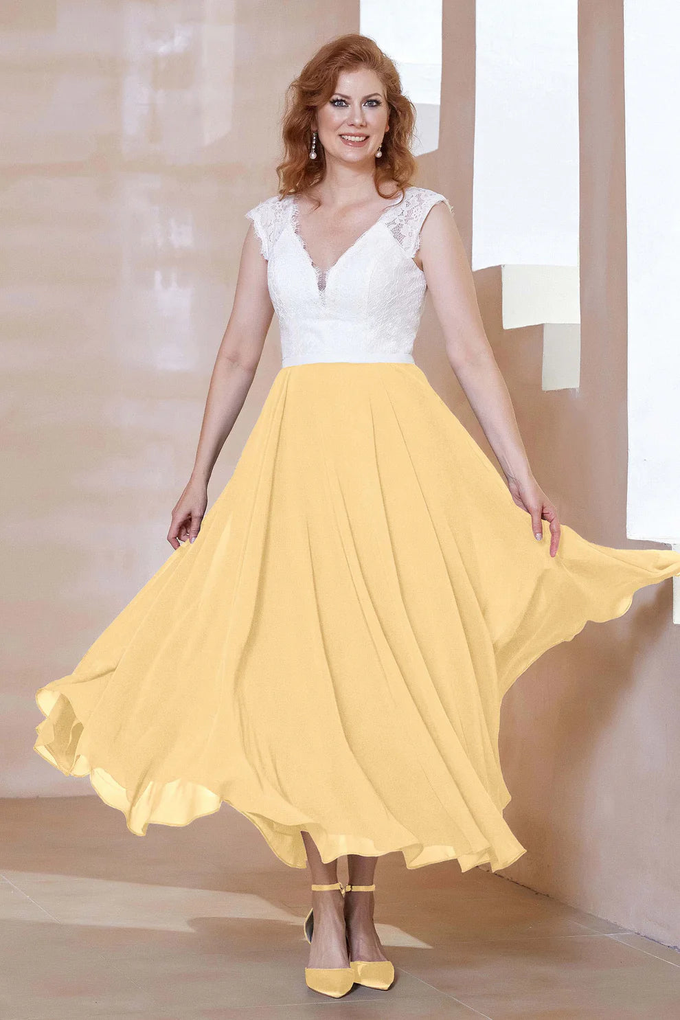 Two-Tone A-Line V-Neck Chiffon Mother of the Bride Dress with Lace Bodice