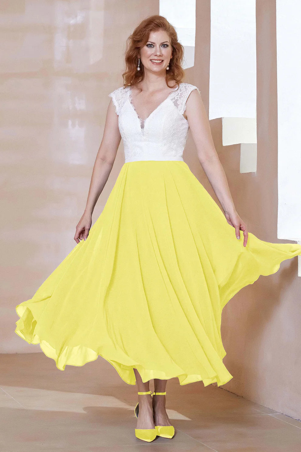 Two-Tone A-Line V-Neck Chiffon Mother of the Bride Dress with Lace Bodice