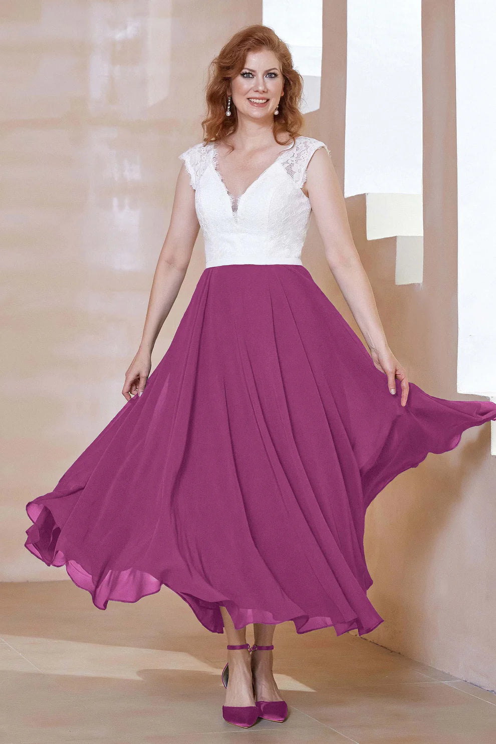Two-Tone A-Line V-Neck Chiffon Mother of the Bride Dress with Lace Bodice