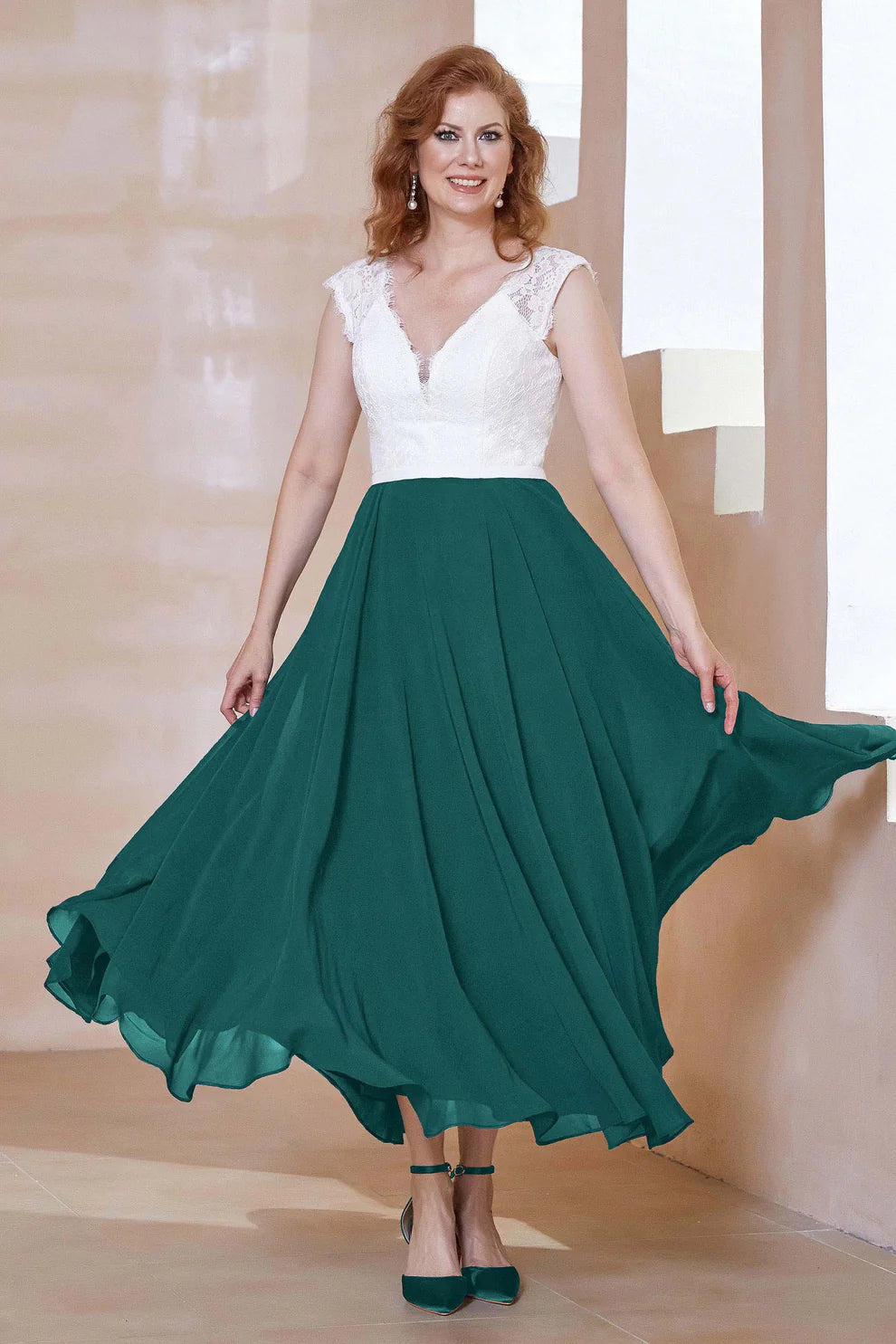 Two-Tone A-Line V-Neck Chiffon Mother of the Bride Dress with Lace Bodice
